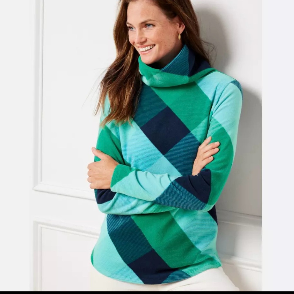 Talbots Teal & Navy Argyle Turtleneck Sweater